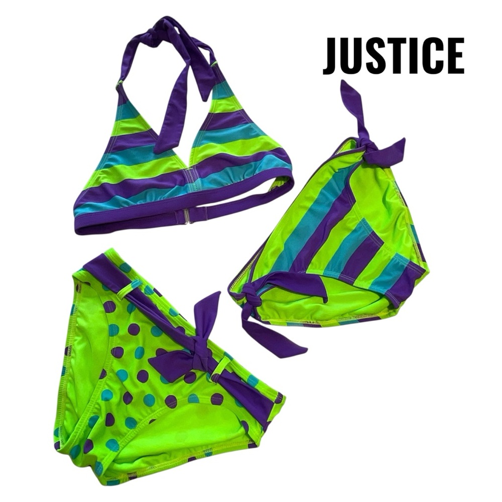 Justice Kids Swim Size 12, 2 Bikini Reversible top - Green and Purple